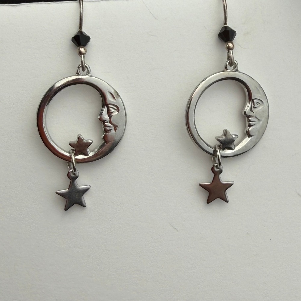 Celestial Crescent Moon Star Drop Earrings Women OS Silver Tone
